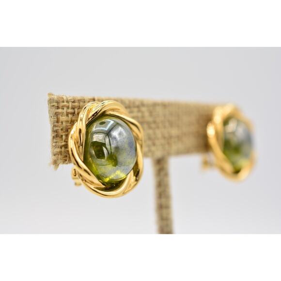 Givenchy Vintage Cabochon Clip On Earrings Gold Green Signed Runway 1980s BinAK - Picture 4 of 12
